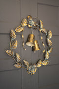 Antique Brass Christmas Wreath with Leaves and Bells – 26" gold metal holiday door wreath