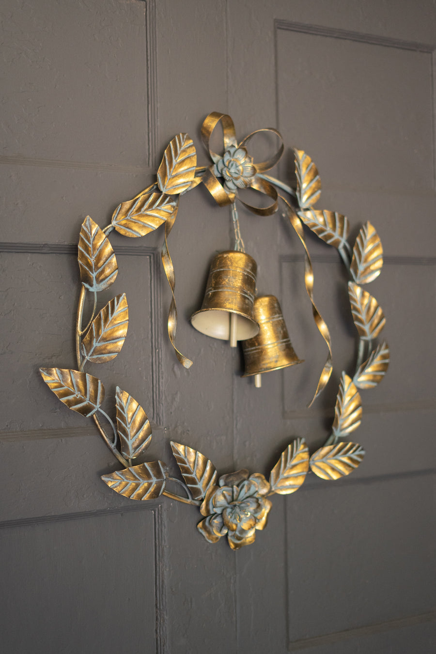 Antique Brass Christmas Wreath with Leaves and Bells – 26" gold metal holiday door wreath