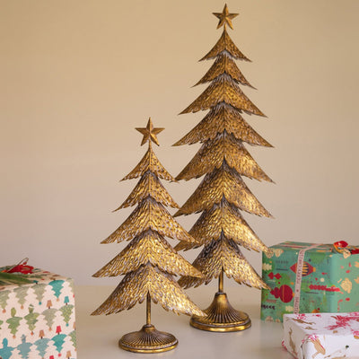 Set of Two Antique Gold Christmas Trees – 35" and 22.5" tall gold metal holiday décor