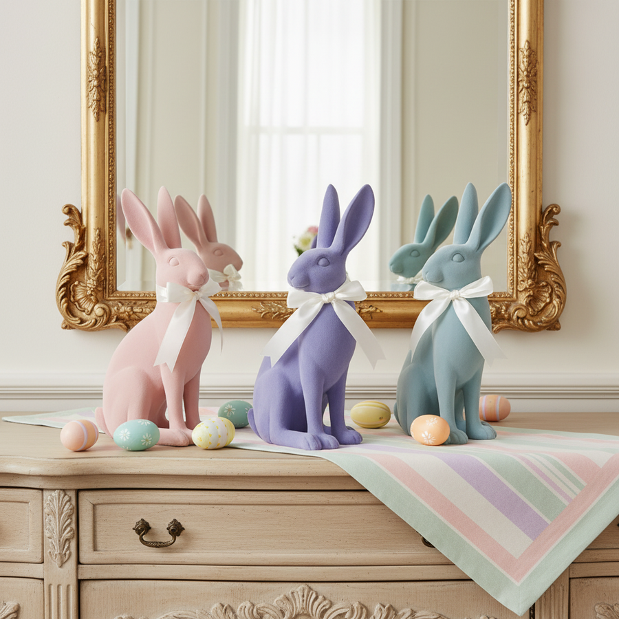 Three pastel-colored rabbit figurines with white ribbons on a decorative table.