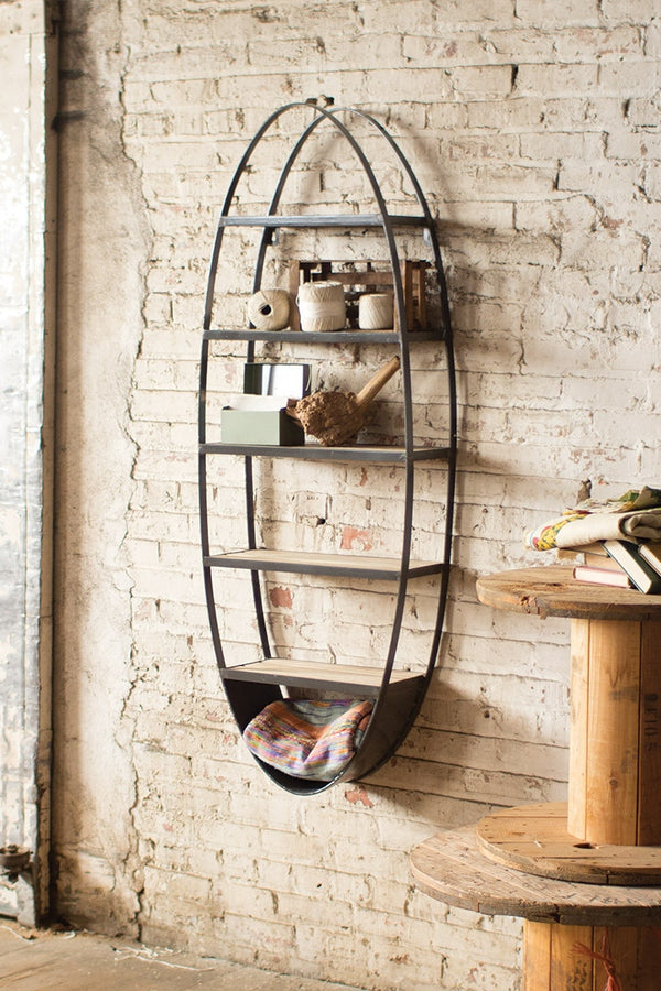 Kalalou Raw-60" Industrial Metal and Wood Oval Wall Shelf – Gunmetal Modern Farmhouse Décor
