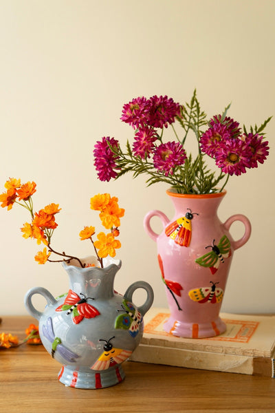 Kalalou Raw-Set of Two Glazed Ceramic Butterfly and Moth Vases – Whimsical Spring Table Décor