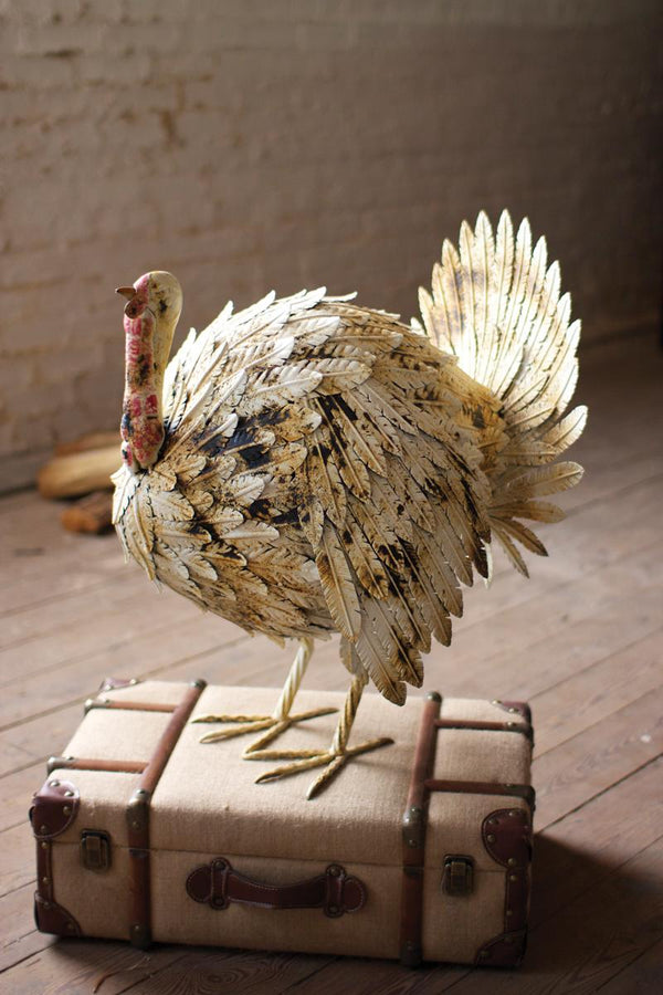 Antique white painted metal turkey with fanned tail