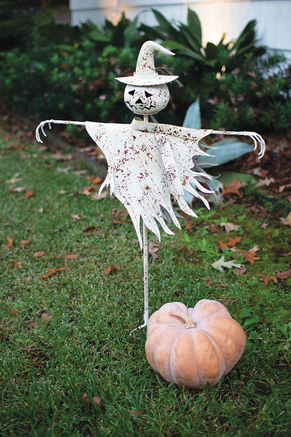 Rustic white metal scarecrow yard stake