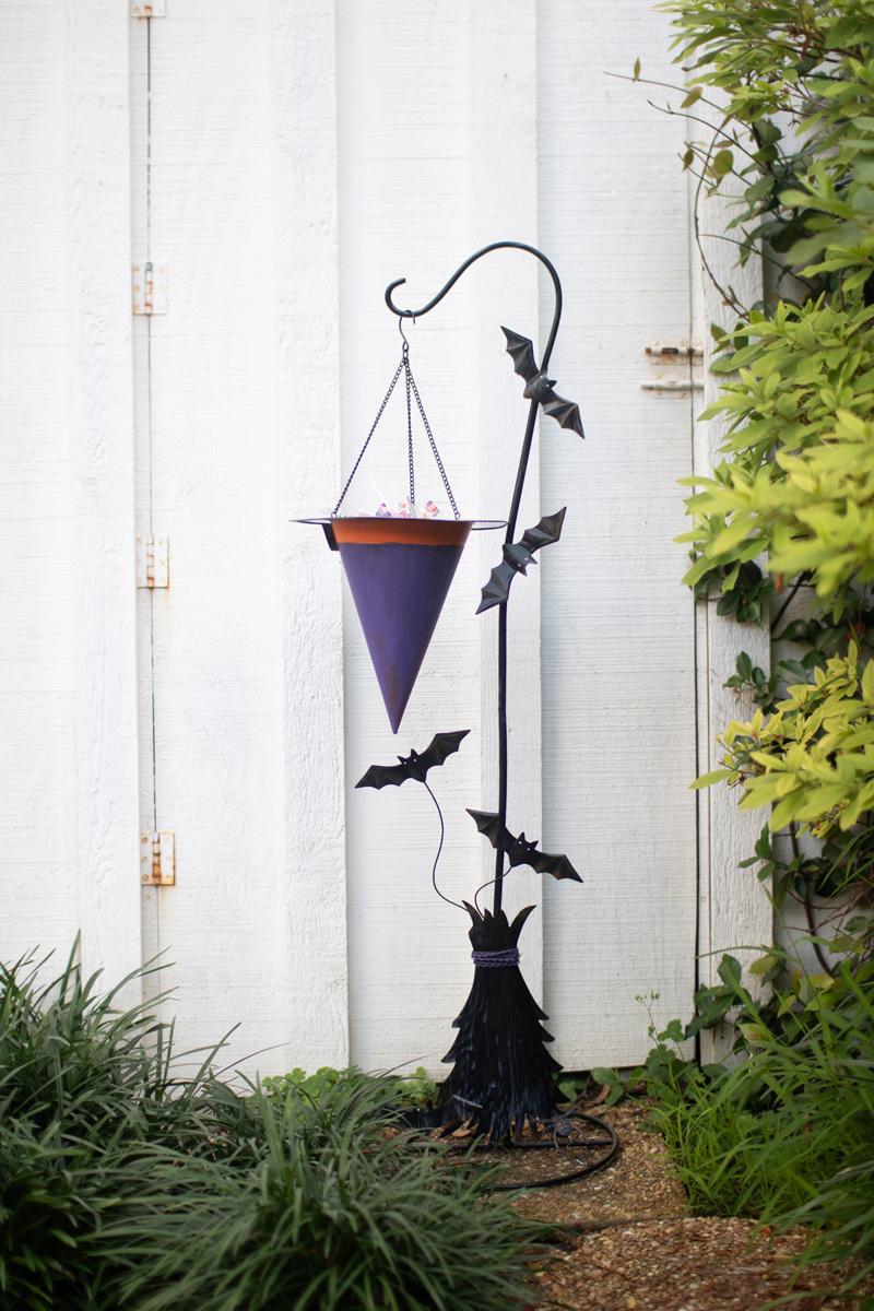 Painted Metal Halloween Witch Hat with Bats Candy Holder