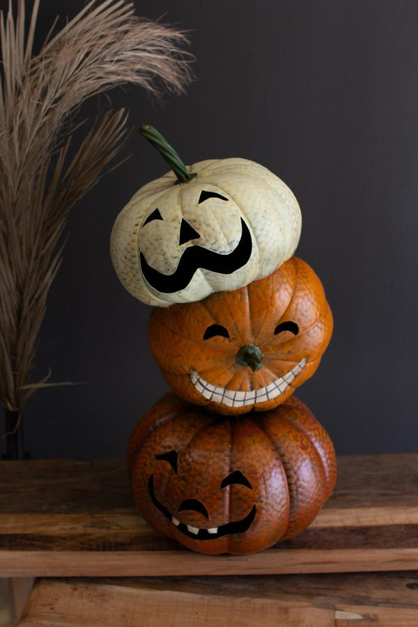 Painted metal stacking jack-o-lantern tower