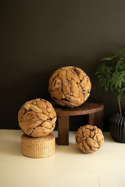 Set of three recycled teakwood spheres
