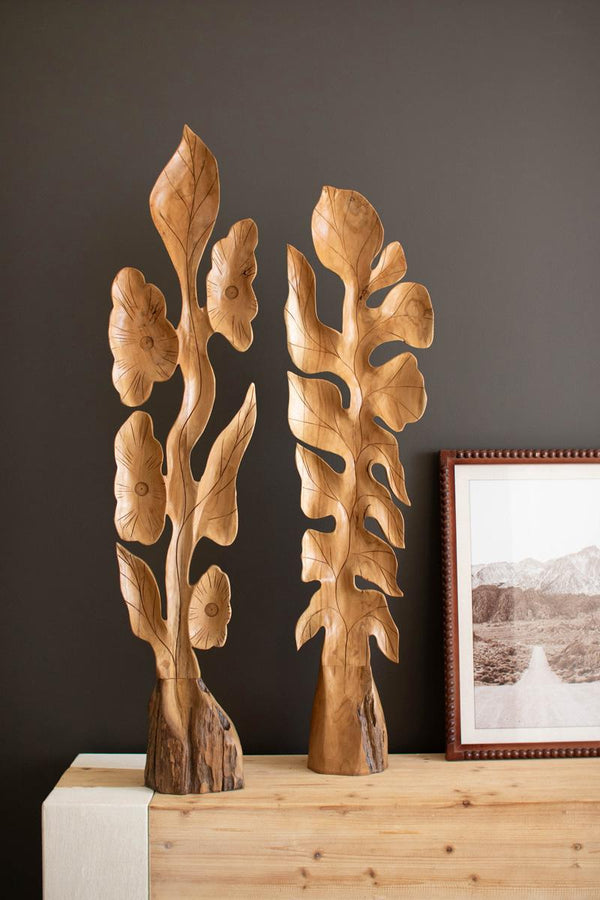 Set of two carved teak botanical vine sculptures