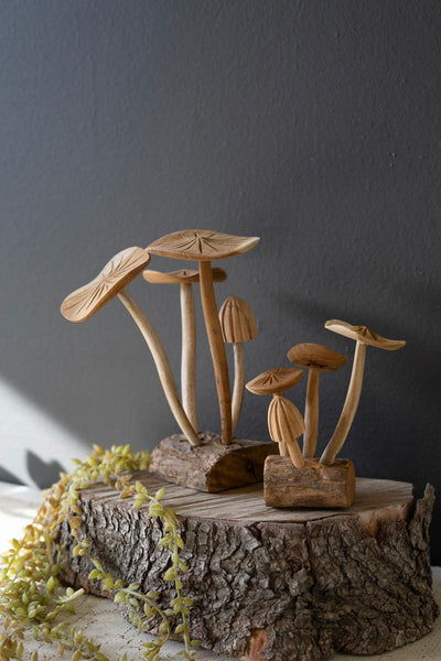 Set of Two Hand-Carved Teak Wood Mushroom Clusters