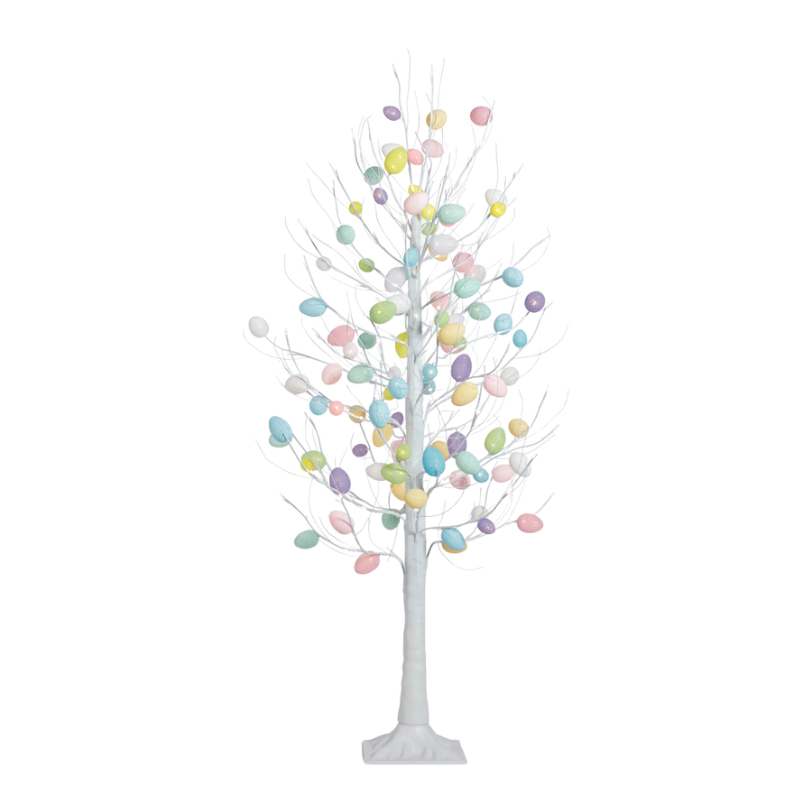 Decorative tree with pastel-colored eggs on a white background