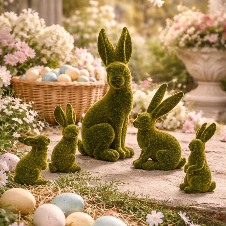 Green Flocked Moss Easter Bunny Farmhouse Decor – Set of 5 (3”–7.5”)