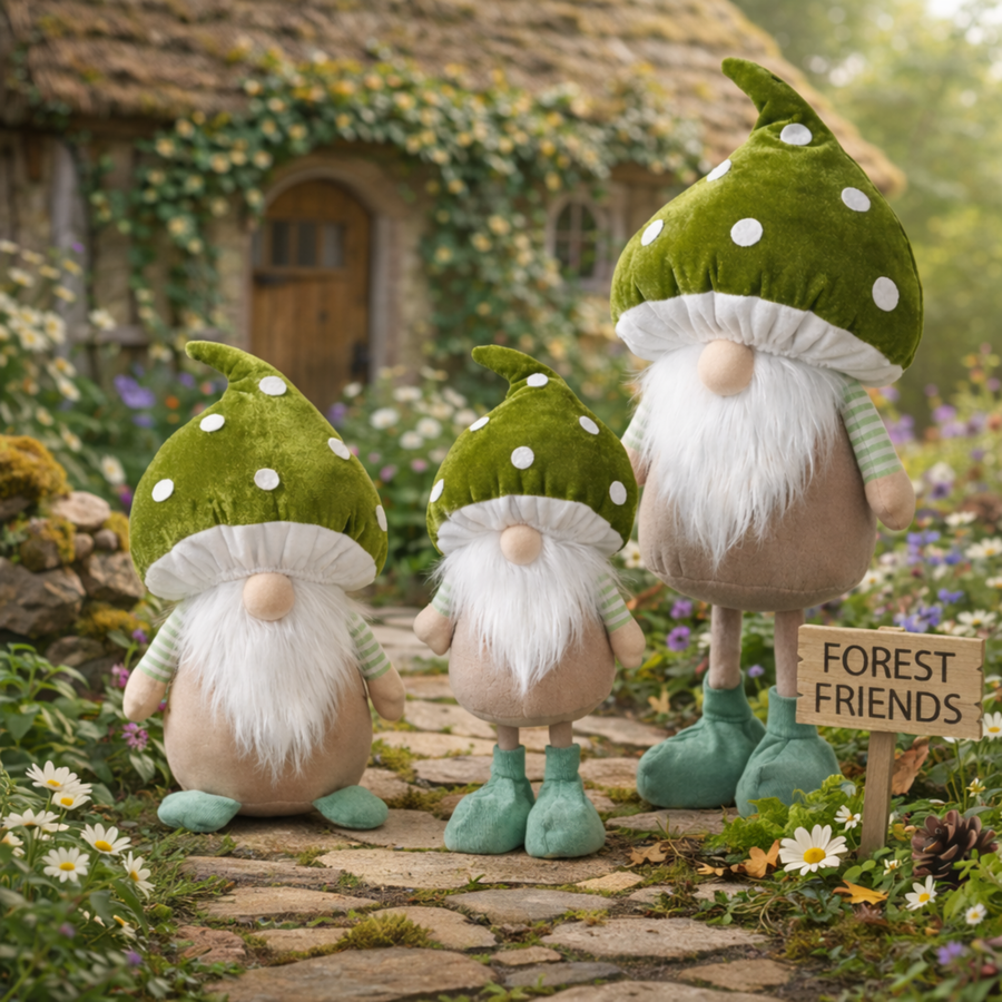 Three garden plush gnomes with green hats and white beards standing on a stone path in a garden setting.