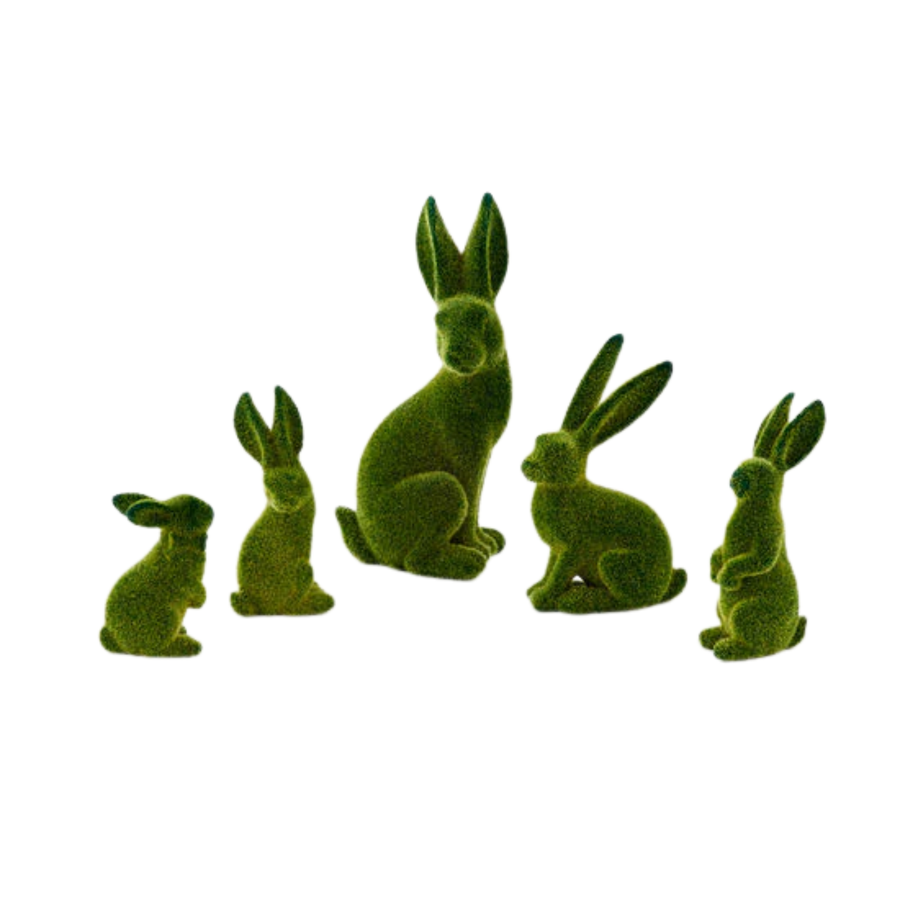 Green Flocked Moss Easter Bunny Farmhouse Decor – Set of 5 (3”–7.5”)