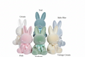 Set of colorful plush bunnies with color labels on a white background change the word white to cream and the word yellow to vintage cream
