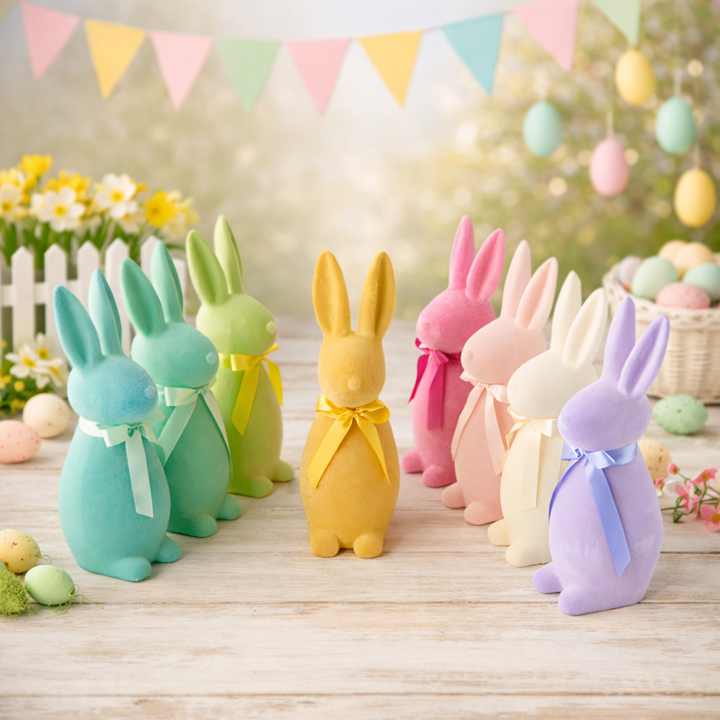 16” Flocked Easter Bunny Decor – Medium Standing Button Nose Rabbit (Assorted Colors)