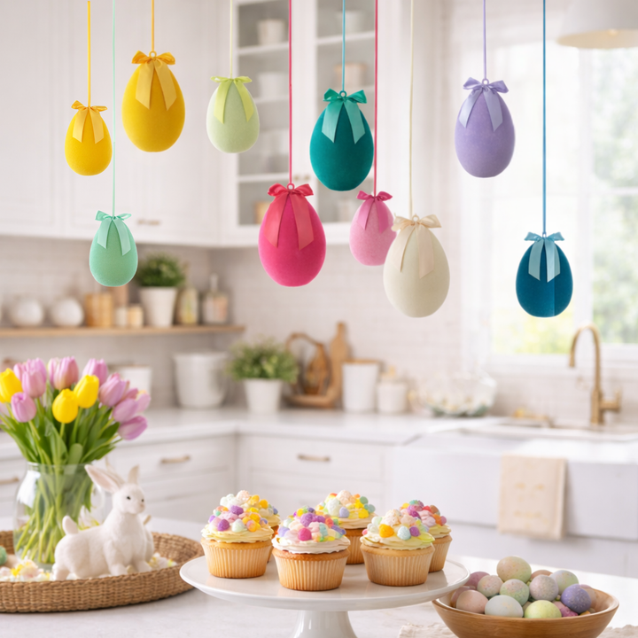 Colorful Easter egg decorations hanging in a kitchen with pastel cupcakes and tulips.