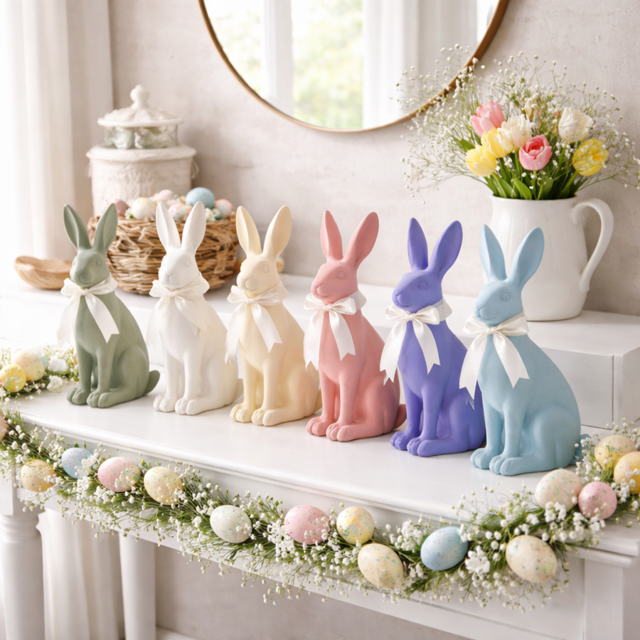 Colorful bunny figurines on a decorated mantelpiece with Easter eggs and flowers.
