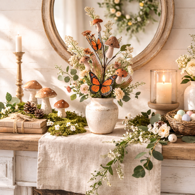 Decorative table setting with flowers, candles, and mushrooms in a rustic room.