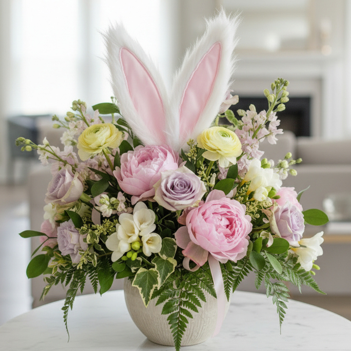 Floral arrangement with bunny ears on a blurred indoor background