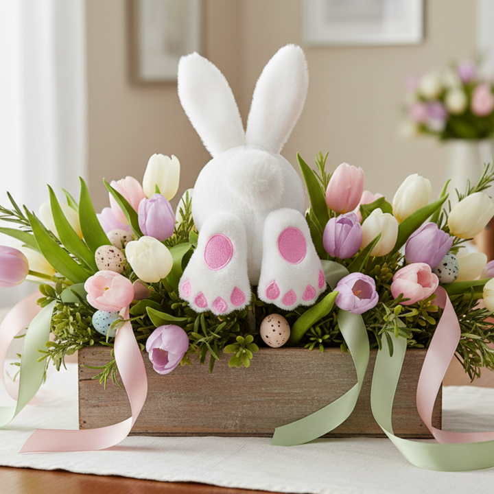 Easter bunny decoration with flowers and ribbons on a table