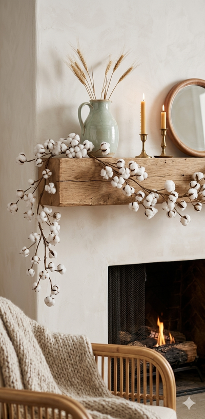 Farmhouse Cotton Garland | 5.5' White & Brown Botanical Accent