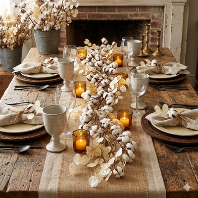 Farmhouse Cotton Garland | 5.5' White & Brown Botanical Accent
