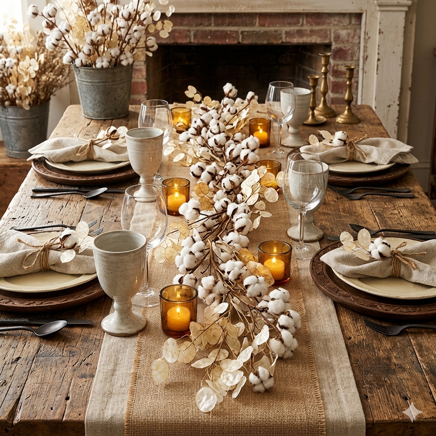 Farmhouse Cotton Garland | 5.5' White & Brown Botanical Accent