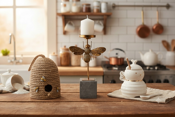 Honey bee jar with wooden dipper beside a resin beehive figurine on a cottage kitchen shelf