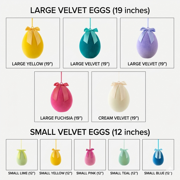 Comparison chart of large and small velvet eggs in various colors with dimensions.