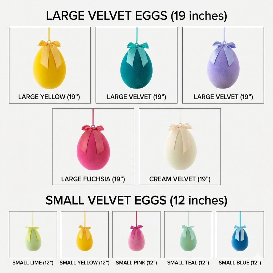 Comparison chart of large and small velvet eggs in various colors with dimensions.