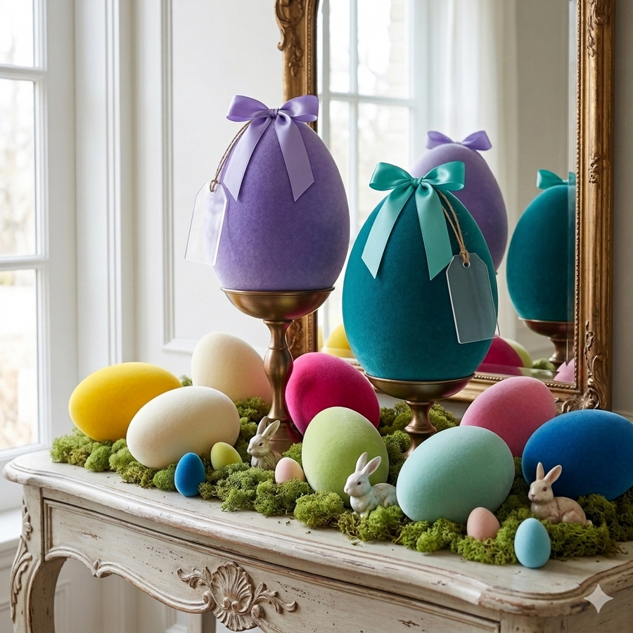 Decorative Easter eggs with colorful ribbons on a table in front of a mirror.