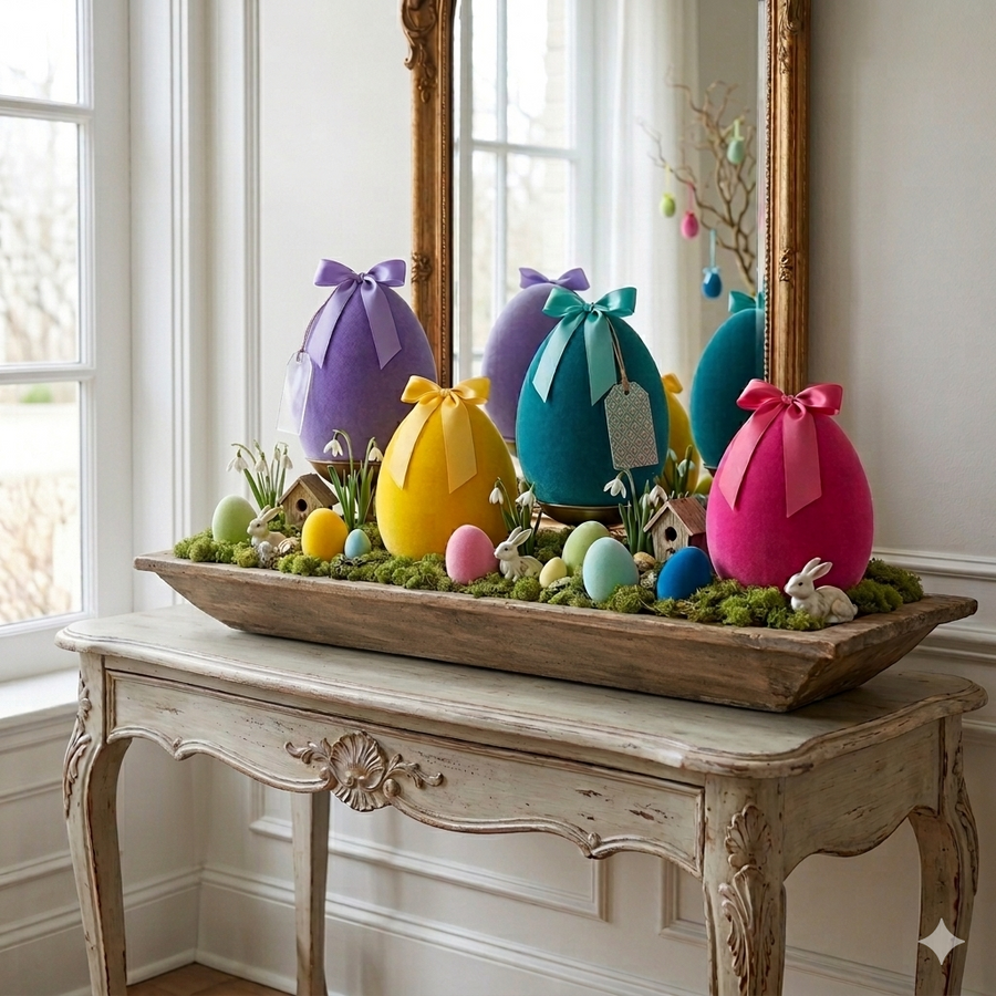 Decorative Easter eggs with colorful bows on a wooden table in a bright room.