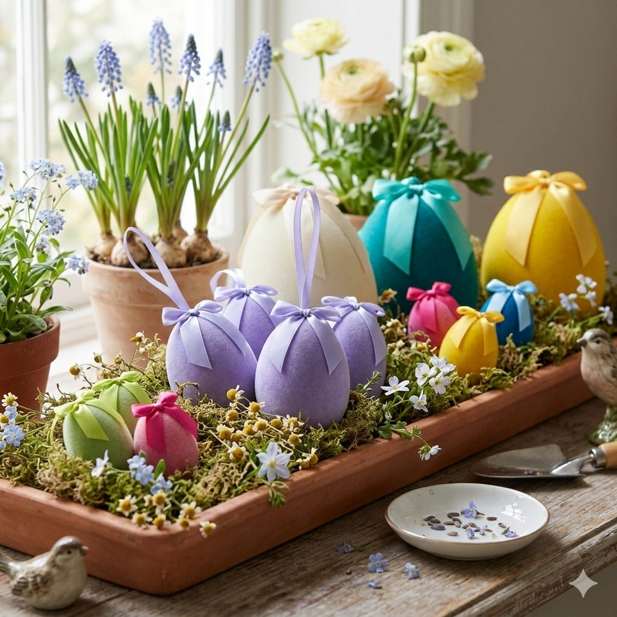 Decorative Easter eggs with colorful ribbons on a bed of moss and flowers, set on a wooden table.