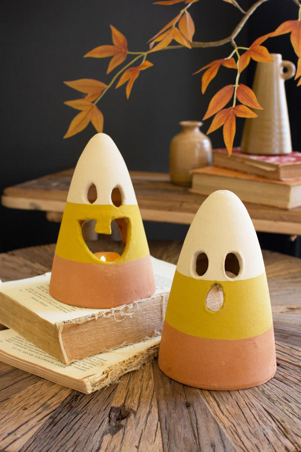 Set of two candy corn striped Halloween candle lanterns