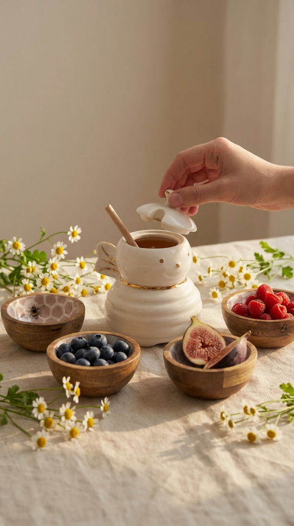 Honey Bee Set - Honey Jar with Dipper + Honey Bee Bowl incl. Servers!