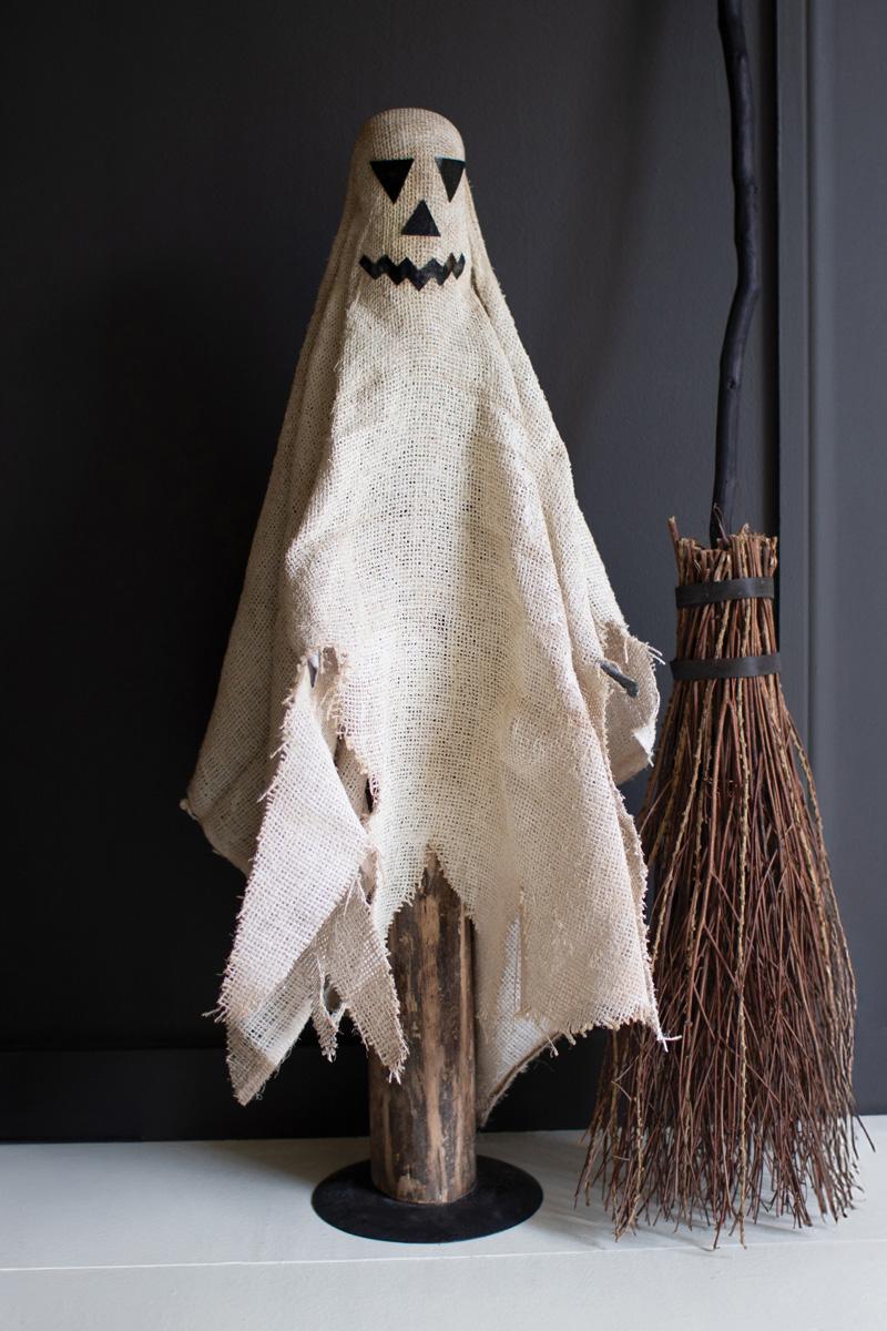 Painted Jute Halloween Ghost on a Eucalyptus Wood Base