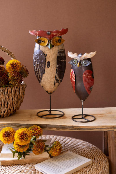 Set of two recycled iron owl figures on stands