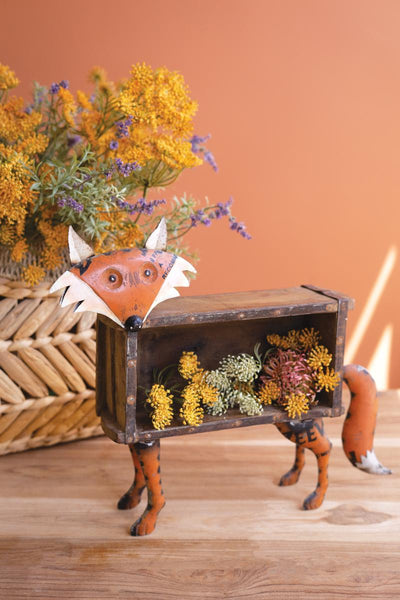 Recycled metal fox with wooden brick mold body