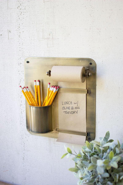 Antique Brass Hanging Note Roll and Pencil Cup