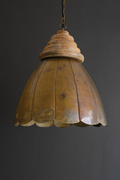 Antique Brass Pendant Light with Wood Detail 20 inch