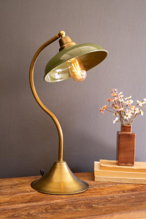 Antique Brass Table Lamp Green Enamel Shade Industrial