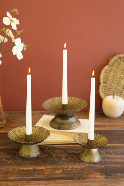 Set of Three Taper Candle Holders with Fluted Bases — Antique Gold