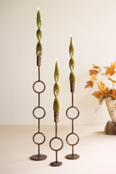 Set of 3 antique brass ring taper candle holders