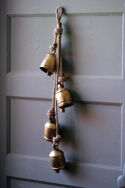 Four Rustic Iron Hanging Bells with Rope - Gold