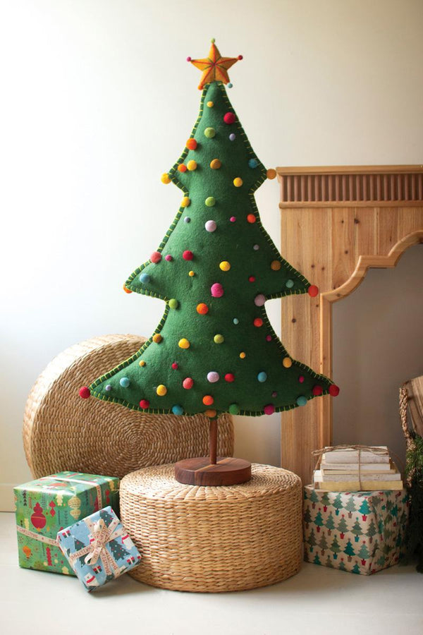 Large layered felt Christmas tree with star topper on a wood base