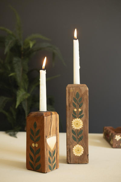 Set of two hand-painted recycled wood taper candle holders