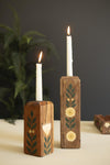 Set of 2 Hand-Painted Recycled Wood Taper Candle Holders – Rustic Artisan Candlestick Décor