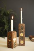 Set of two hand-painted recycled wood taper candle holders