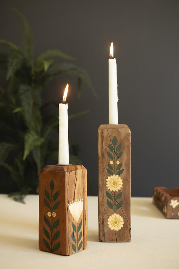 Set of two hand-painted recycled wood taper candle holders