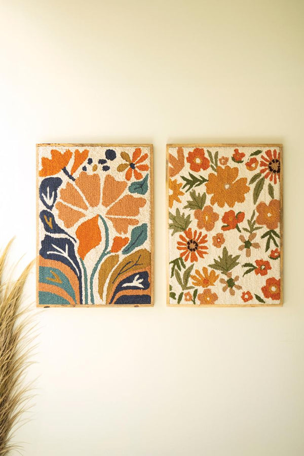 Set of two wood framed hand hooked floral textile wall art panels